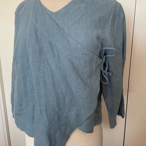 bryn Walker XS Dusty Blue Faux Wrap Blouse with Side Tie